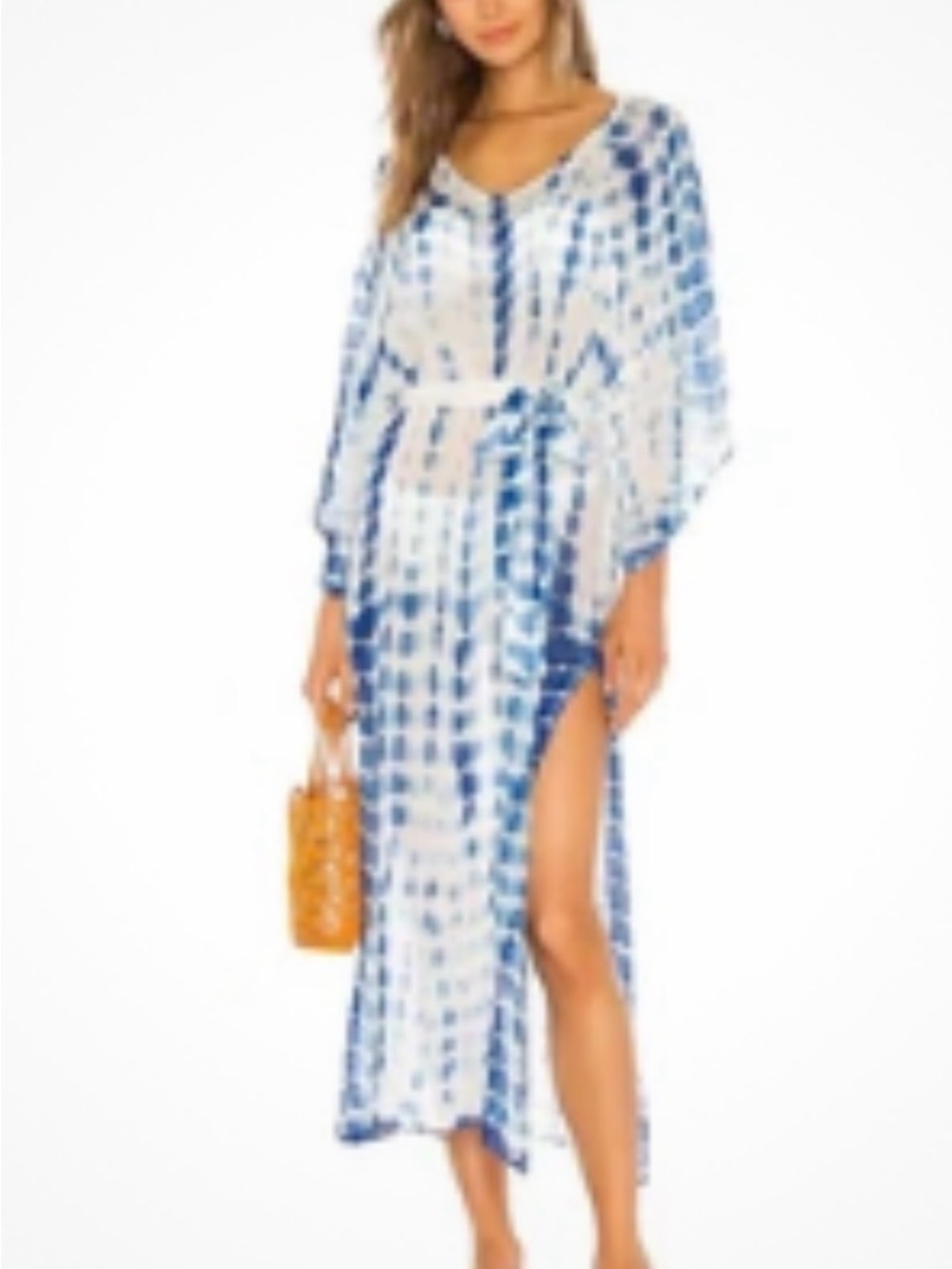 Michael Stars Blue and White Tie-Dye V-Neck Maxi Caftan with Side Slit
